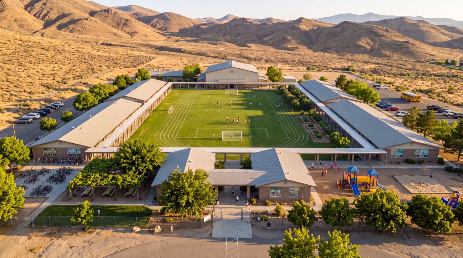 A campus of four long buildings around a field. The field is green with goals and running lanes and a class doing PE, there are raised vegetable beds and an orchard, full bike racks, a shaded lunch courtyard, painted play equipment, and the gate stands wide open with no barrier.