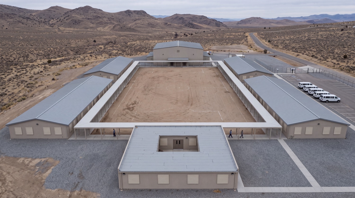 The same campus. The field is bare compacted dirt with faint markings and no goals, there are no gardens or play equipment, the windows are identical with blinds at the same height, and the entrance has a keypad gate on chain-link.